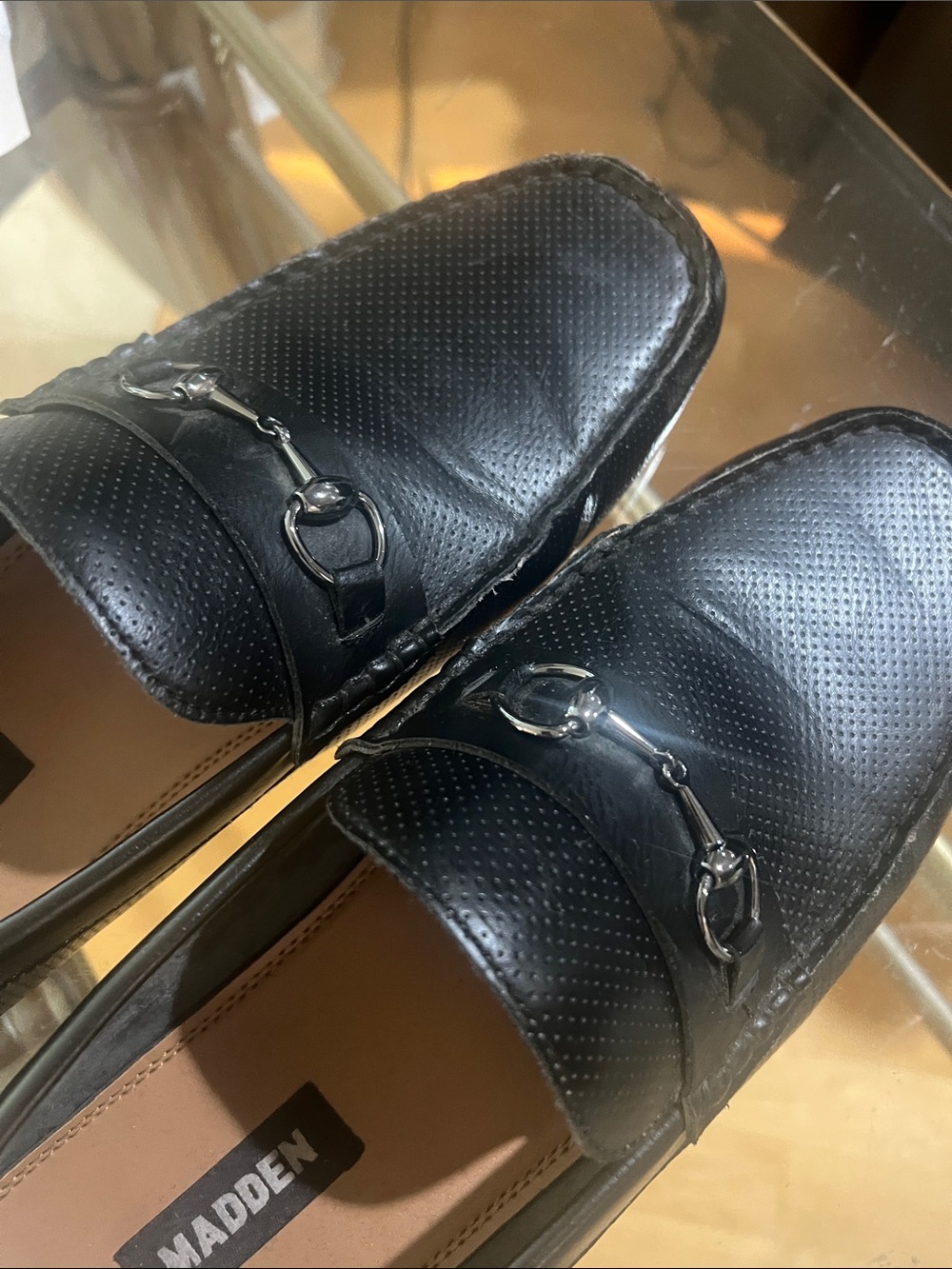 MADDEN Men's Black Leather Slip-On Bit Loafers
